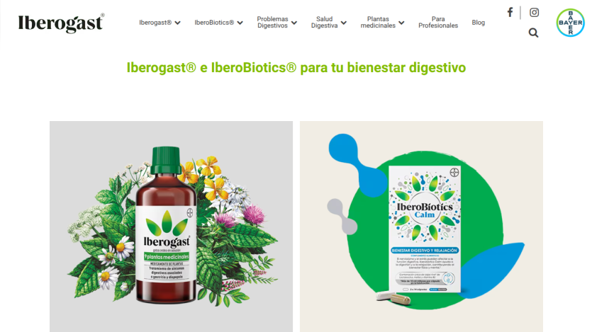 Iberogast and IberoBiotics digestive wellness products with navigation menu and Bayer logo