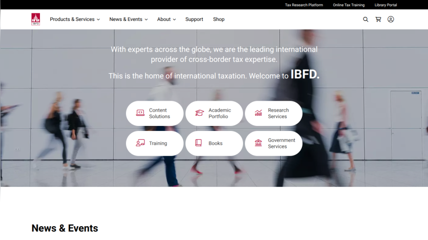 Homepage of IBFD showcasing international tax expertise with navigation and service categories