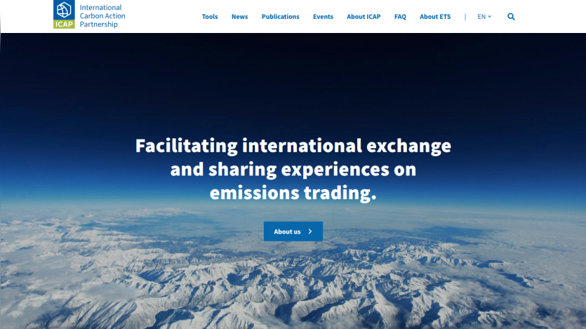 International Carbon Action Partnership homepage with headline about facilitating international exchange on emissions trading