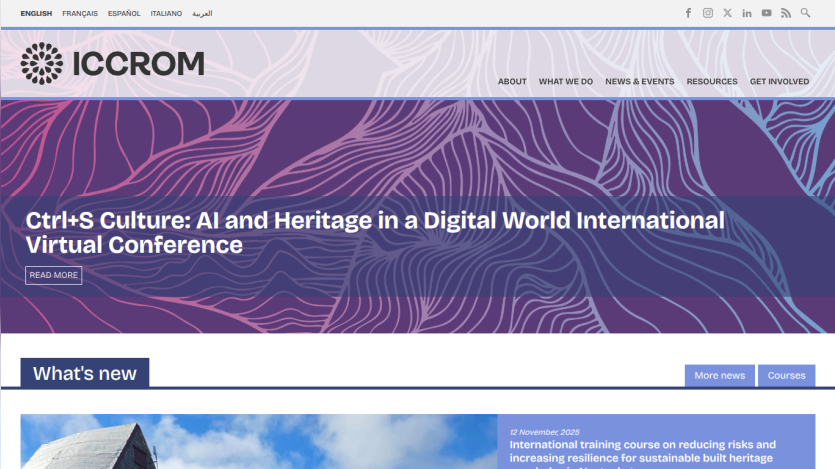 Website header and navigation for ICCROM with banner titled 'Ctrl+S Culture: AI and Heritage in a Digital World International Virtual Conference'