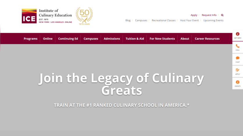 Homepage of the Institute of Culinary Education featuring a call to action for culinary training.