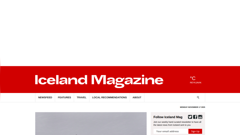Iceland Magazine homepage with navigation, weather in Reykjavik, and newsletter signup
