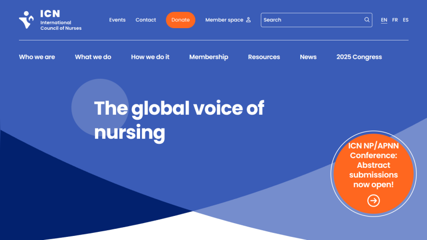 Homepage of ICN featuring the tagline 'The global voice of nursing' and navigation links.