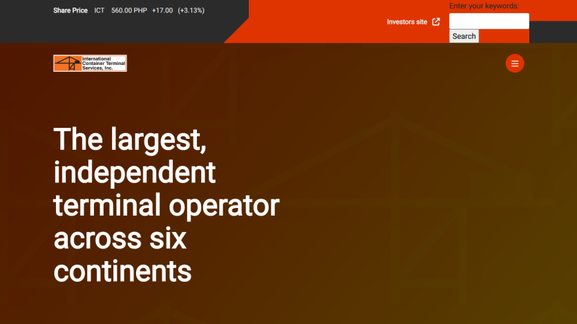 Homepage of International Container Terminal Services highlighting largest independent terminal operator across six continents
