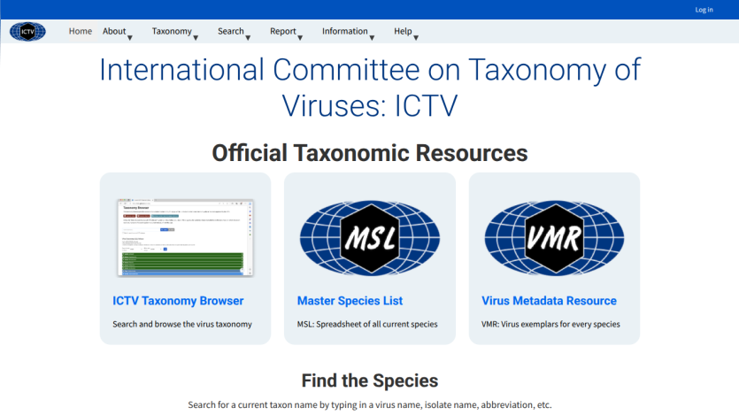International Committee on Taxonomy of Viruses homepage with official taxonomic resources and search options