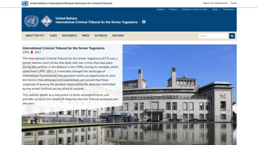 Overview of the International Criminal Tribunal for the former Yugoslavia, including key information and a building image.