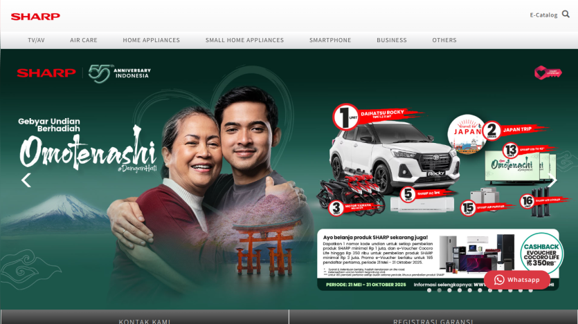 Sharp Indonesia 55th anniversary promotion with prizes including Daihatsu Rocky, Japan trip, and Sharp appliances, plus shopping details.