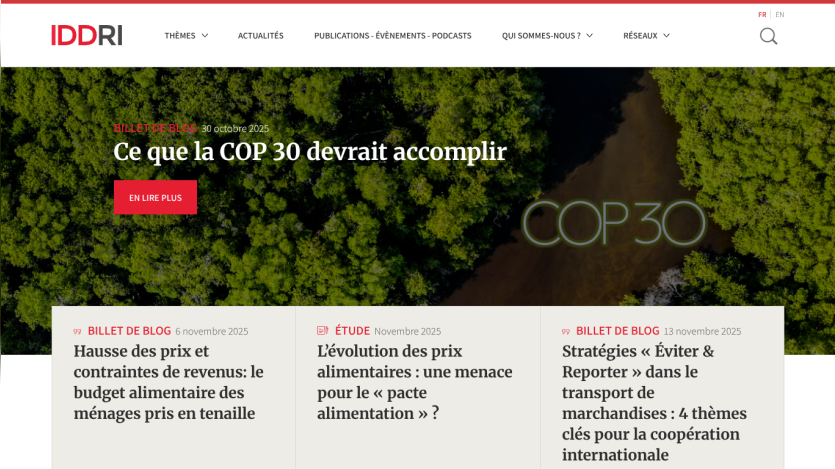 Website header with navigation and hero section about COP 30 goals, featuring a forest background and article headlines.