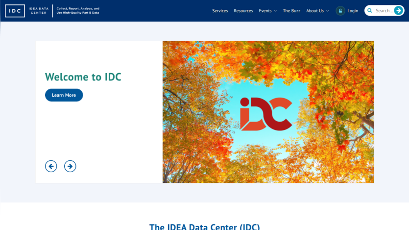 IDEA Data Center homepage with navigation, welcome message, and autumn trees background with IDC logo