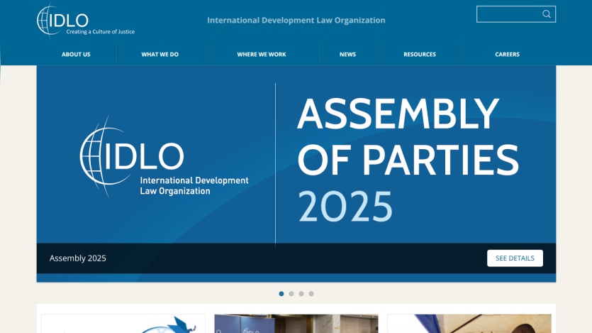 International Development Law Organization homepage with navigation and Assembly of Parties 2025 hero banner