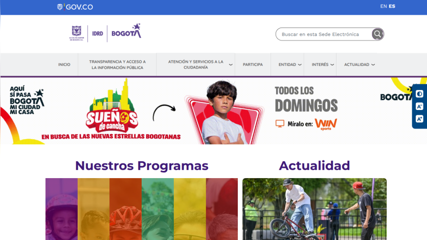 Bogotá government site promoting 'Sueños de cancha' youth sports program airing Sundays on WIN Sports