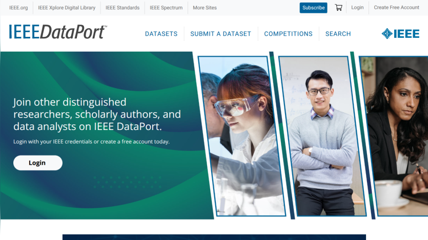 Homepage hero section inviting researchers to join IEEE DataPort with login button and images of diverse professionals