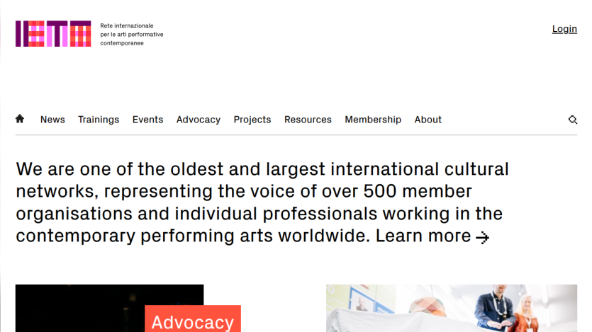 International cultural network for contemporary performing arts with over 500 members, featuring news, trainings, events, and advocacy