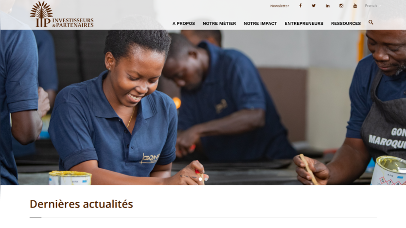 Homepage of Investisseurs & Partenaires with mission statement to finance and support entrepreneurs transforming Africa