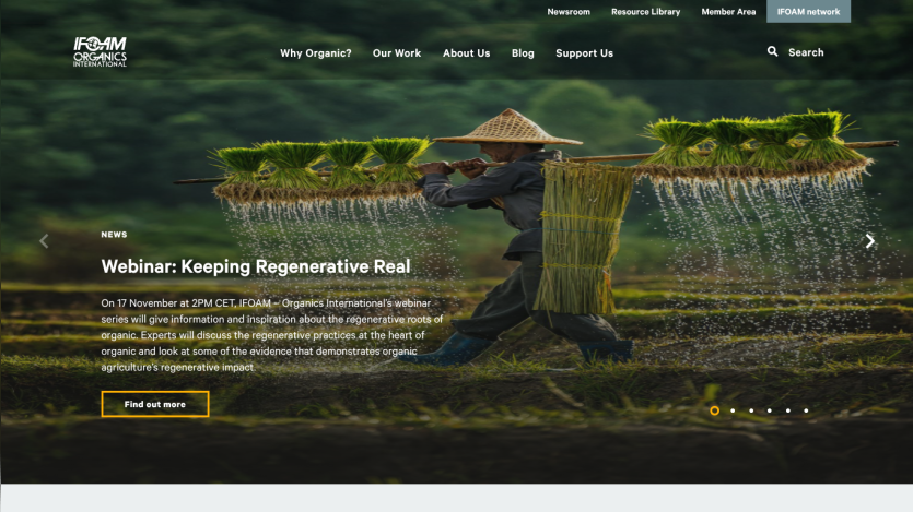 Website hero section with a farmer in a rice field and webinar info on regenerative farming