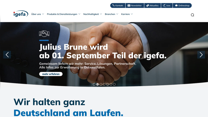 igefa website header with navigation and hero section announcing Julius Brune joining igefa from September 1