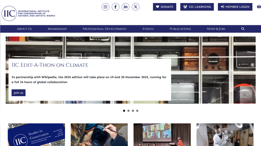 Homepage of International Institute for Conservation with announcement of 2025 Wikipedia climate edit-a-thon and navigation menu.