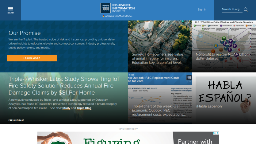 Insurance and information website featuring a promise statement and study highlights.