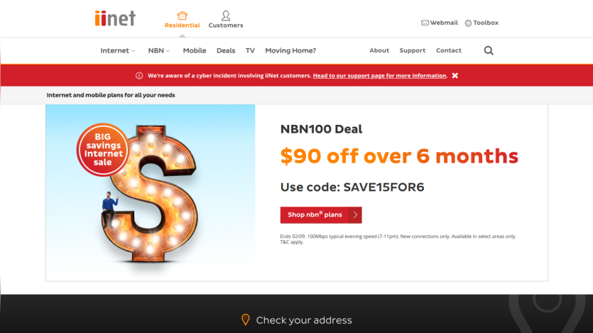 Promotional banner for NBN100 deal offering $90 off over 6 months.