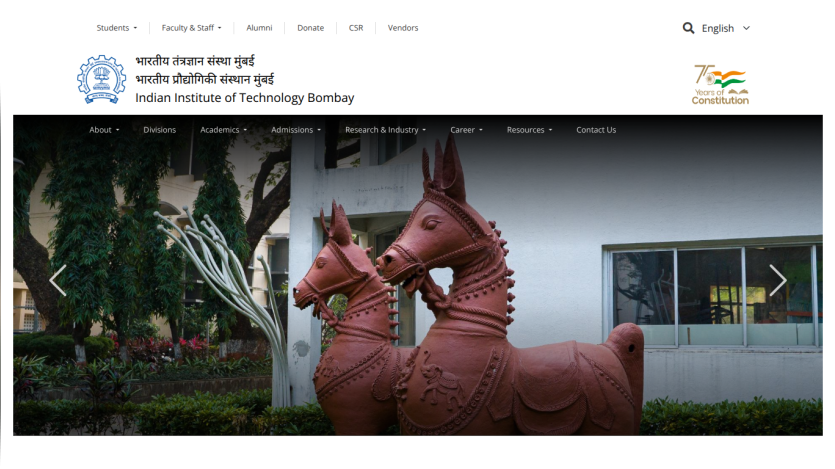 Homepage of IIT Bombay featuring a sculpture and navigation menu.