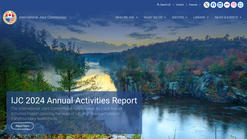 International Joint Commission homepage featuring 2024 Annual Activities Report with scenic river and forest background.