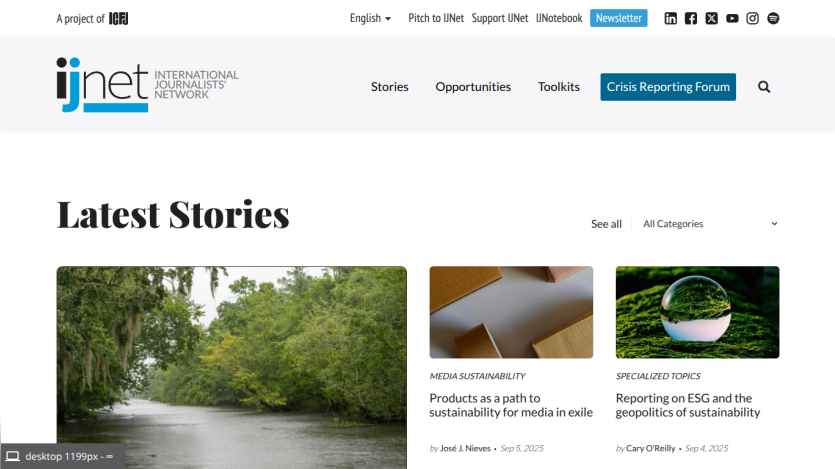 Latest stories section featuring articles on sustainability and reporting.