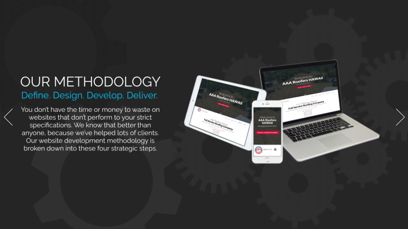 Section describing a website development methodology with four strategic steps and images of devices showing a roofing company website