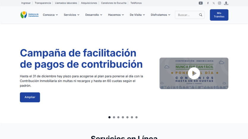 Government of Canelones campaign for facilitating property tax payments with plan details and video.