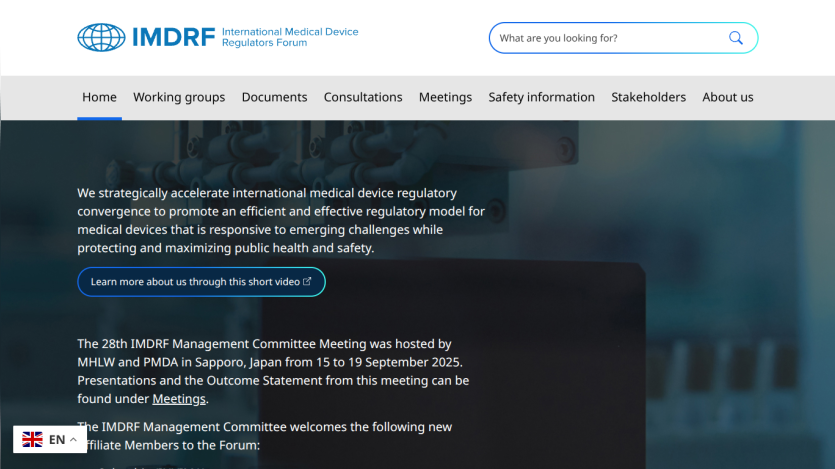 IMDRF homepage with navigation menu, search bar, and text about accelerating international medical device regulatory convergence