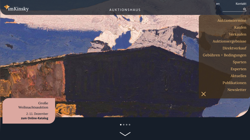 Auction house homepage featuring a large abstract painting and announcement of a Christmas auction from December 2-11 with online catalog link