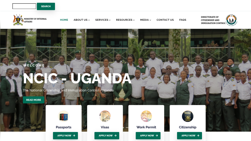 Ministry of Internal Affairs website with navigation and application options for Passports, Visas, Work Permit, and Citizenship