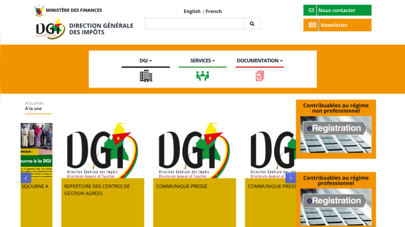 Ministère des Finances DGI homepage with navigation, news highlights, and eRegistration links for taxpayers