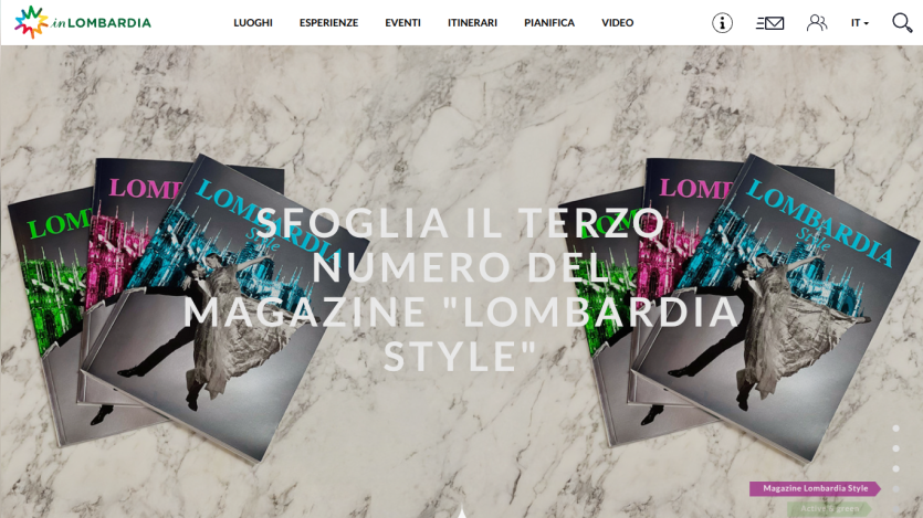 Homepage promoting the third issue of the magazine Lombardia Style with navigation menu and icons