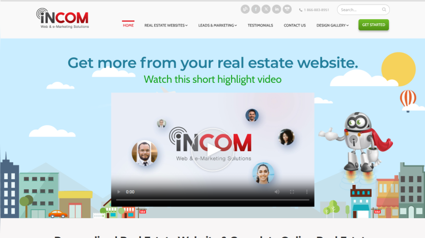 Real estate website homepage featuring a video highlight and tagline about getting more from your site