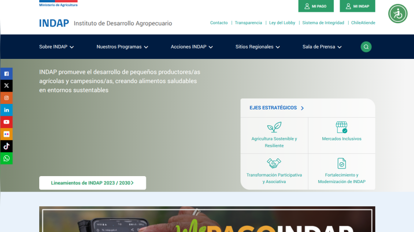 INDAP website promoting sustainable agriculture and support for small producers with strategic focus areas and navigation menu