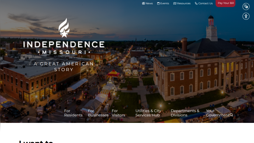 City of Independence Missouri website with night aerial photo and navigation links for residents, businesses, visitors, and government services