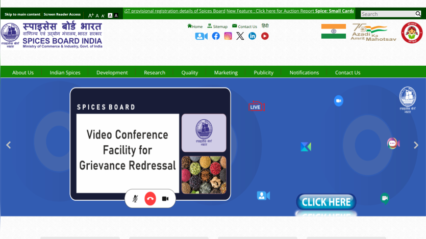 Spices Board India website with navigation menu and hero section promoting video conference facility for grievance redressal