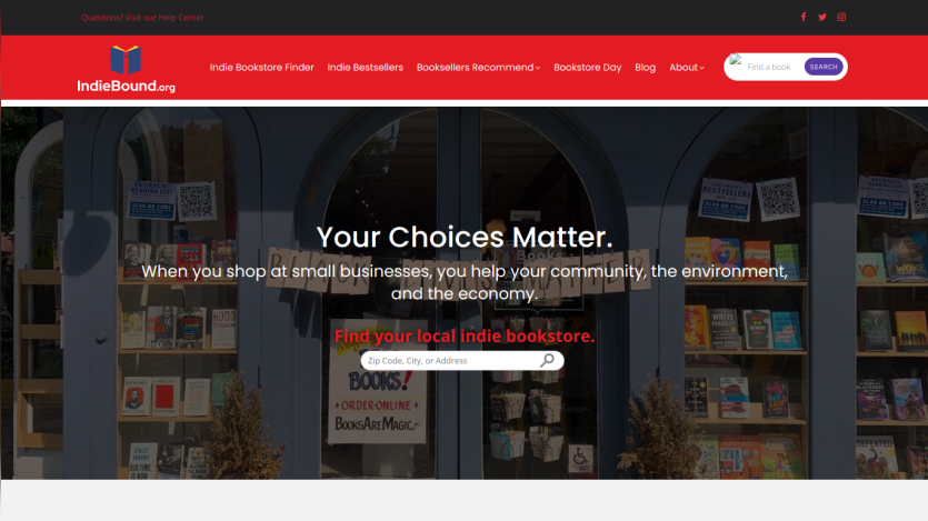 Homepage promoting local bookstores with a message about community impact.