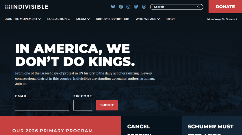 Indivisible movement homepage with a call to action against authoritarianism and email signup form