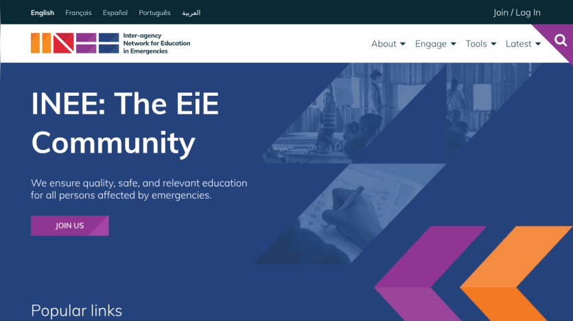 Homepage of INEE promoting quality education for persons affected by emergencies with join button and navigation links