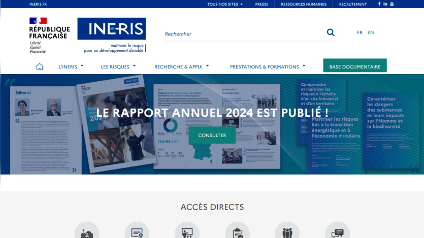 INERIS website featuring the announcement of the 2024 annual report.