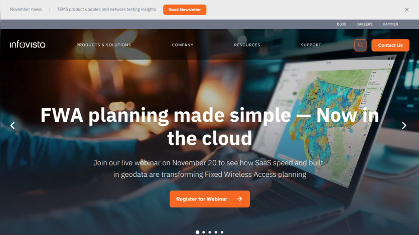 Infovista website promoting a webinar on FWA planning in the cloud with a registration button