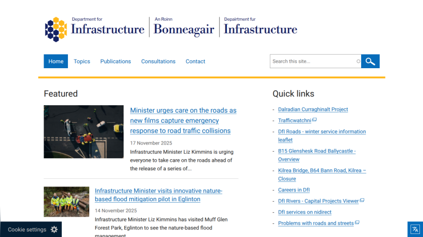 Department for Infrastructure homepage with news articles on road safety and flood mitigation, plus quick links and search bar