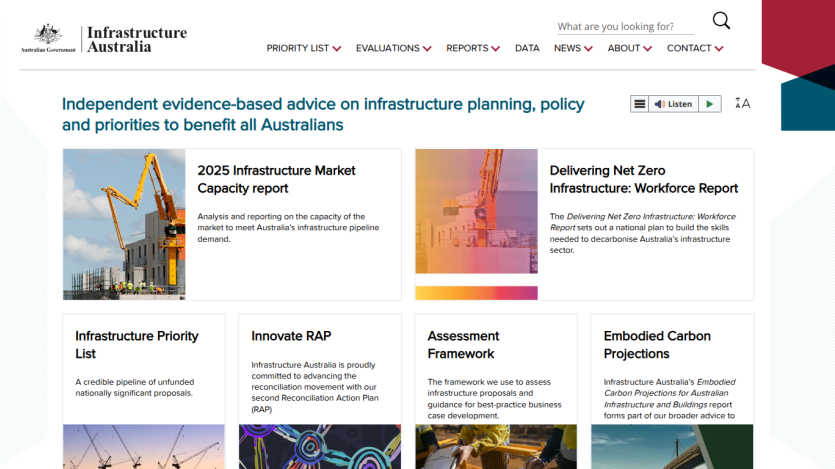 Infrastructure Australia homepage with reports on market capacity, net zero workforce, priority list, RAP, assessment framework, and carbon projections