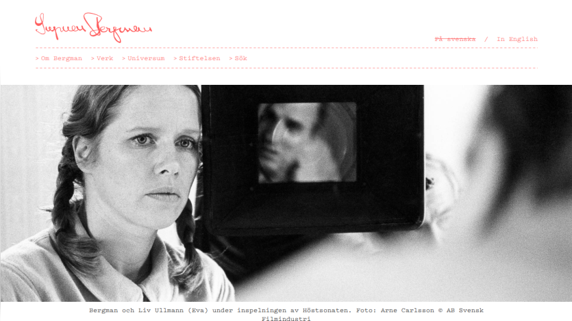 Website header with navigation links and a black-and-white photo of Liv Ullmann during filming of Höstsonaten
