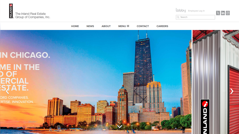 Commercial real estate company in Chicago with city skyline and tagline about expertise and innovation