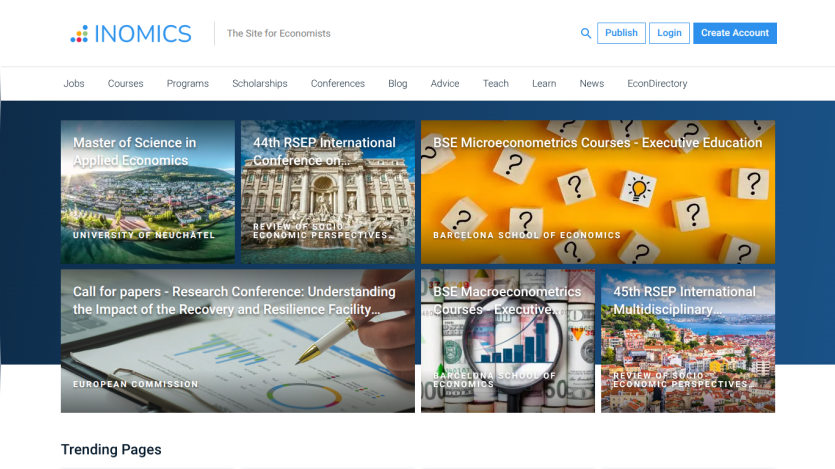 INOMICS homepage with navigation and featured economics programs and conferences from various universities and institutions