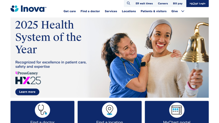 Inova's homepage featuring the 2025 Health System of the Year announcement and a welcoming image of staff.