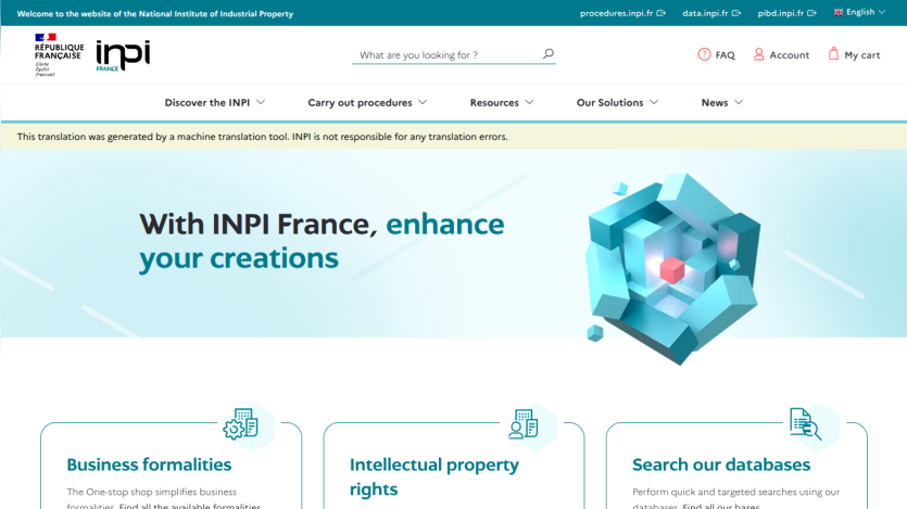 Homepage of INPI France showcasing services related to intellectual property.