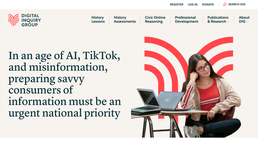Digital Inquiry Group homepage with navigation and message on preparing savvy consumers of information amid AI, TikTok, and misinformation
